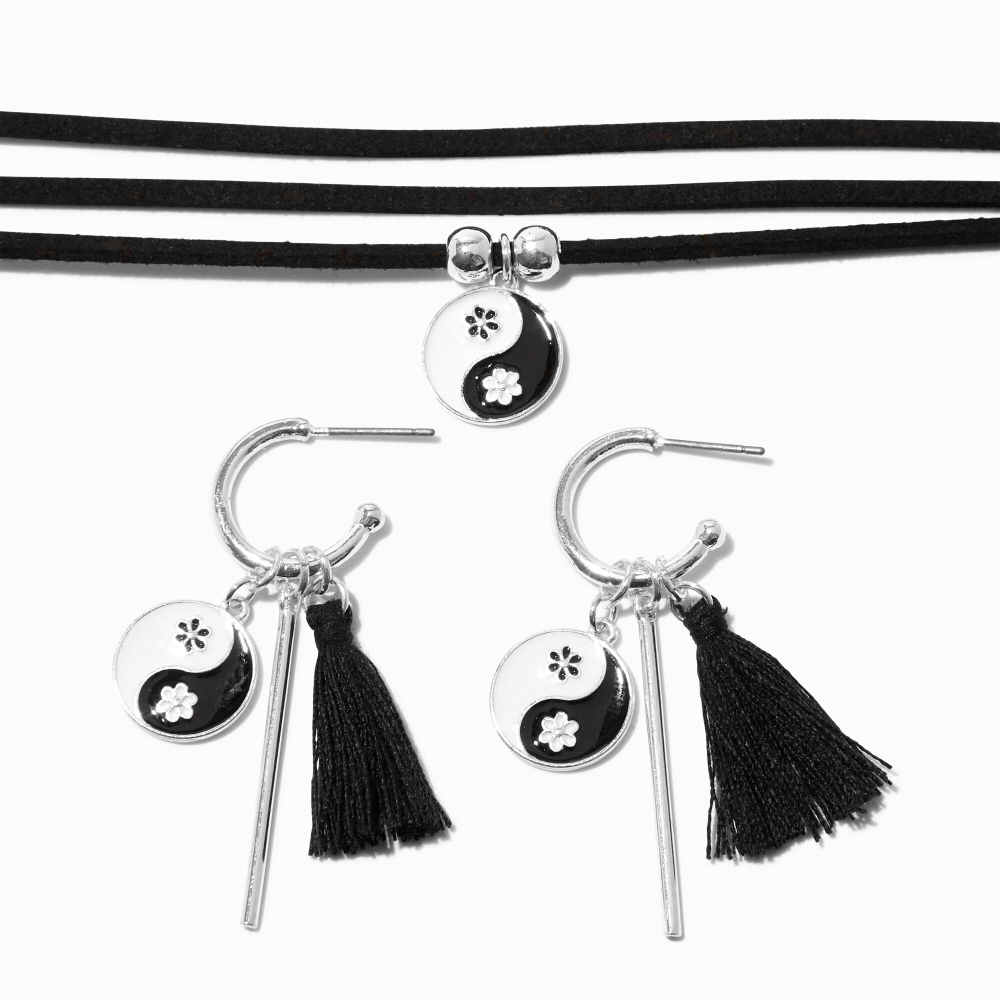 Black Daisy Yin Yang Multi-Strand Choker Necklace & Huggie Hoop Earrings Set (2 Pack),
