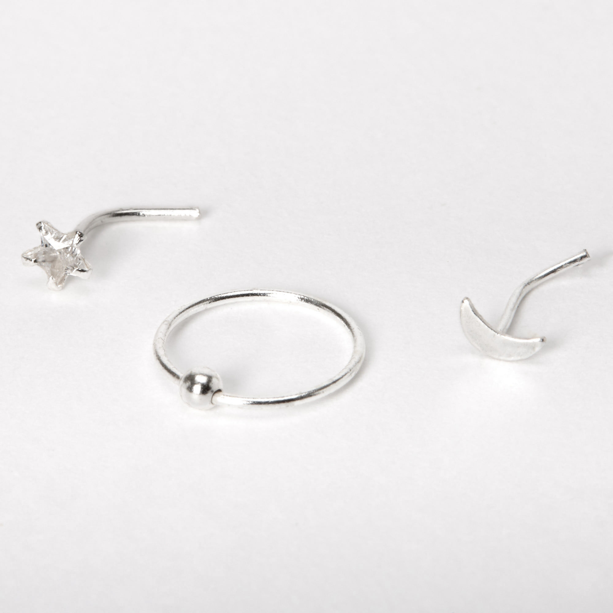 Sterling Silver 22g Cubic Zirconia Moon Star Nose Rings 3 Pack