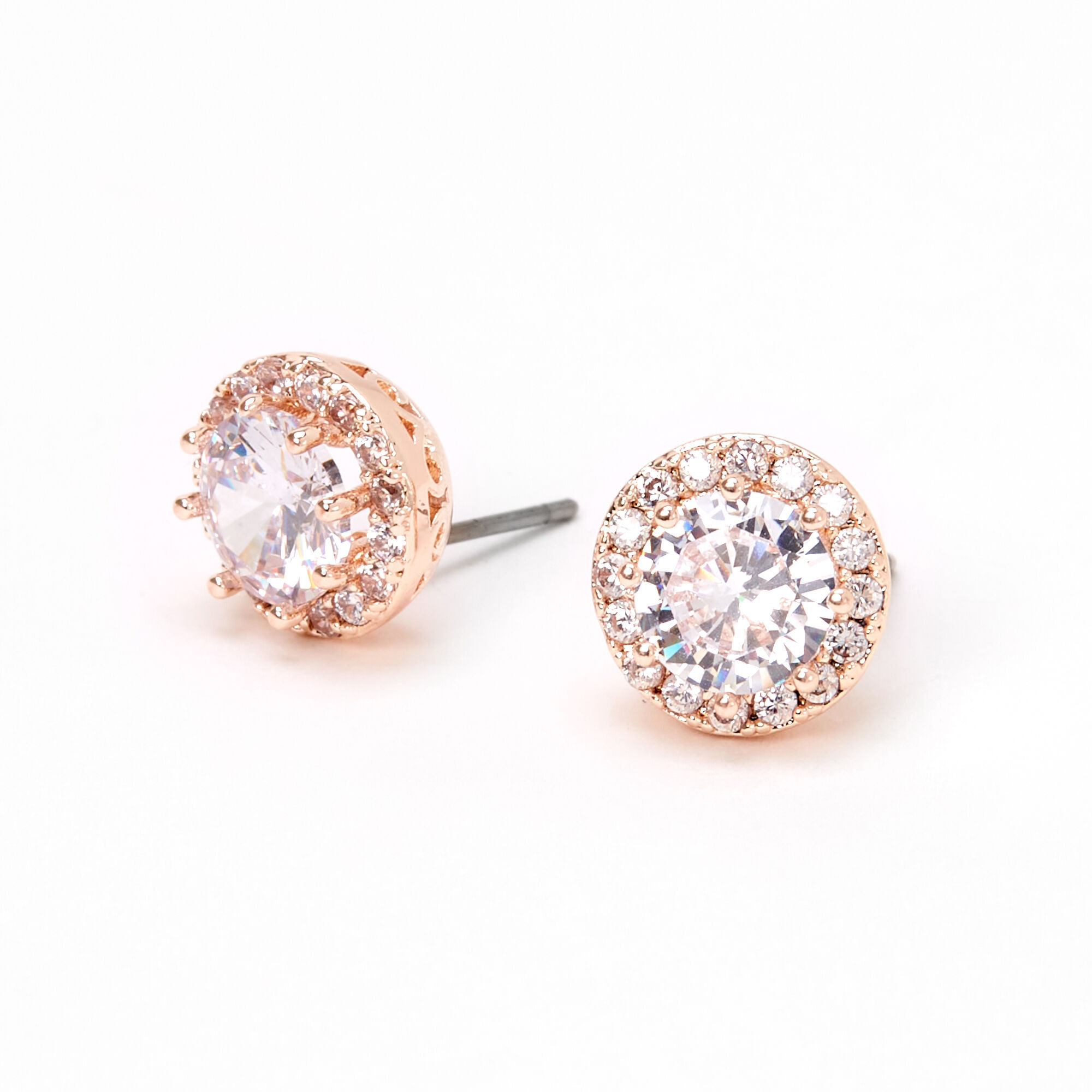 Rose Gold Round Cubic Zirconia Halo Stud Earrings