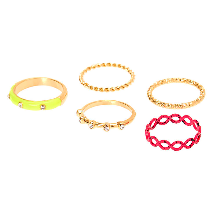 Gold Neon Embellished Rings - 5 Pack,