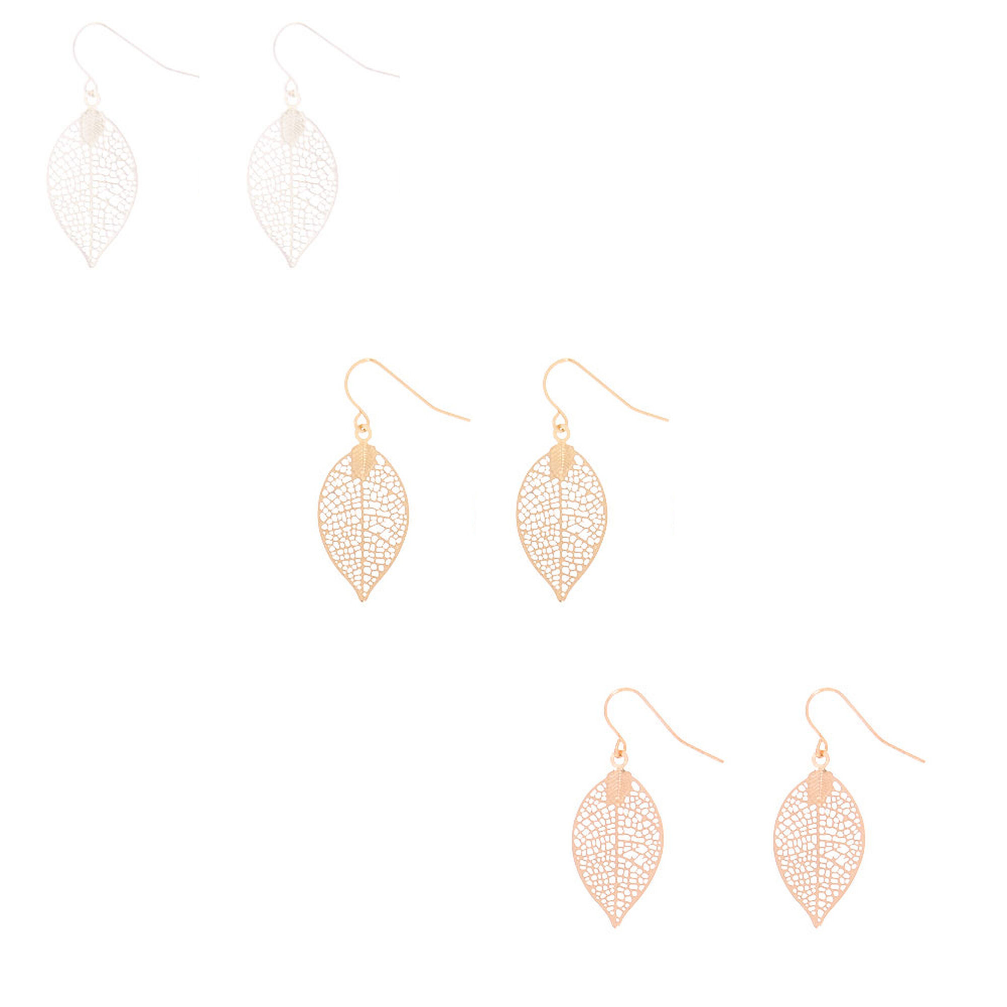 View Claires Mixed Metal 1 Filigree Leaf Drop Earrings 3 Pack Rose Gold information