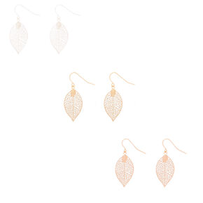 Mixed Metal 1&quot; Filigree Leaf Drop Earrings - 3 Pack,