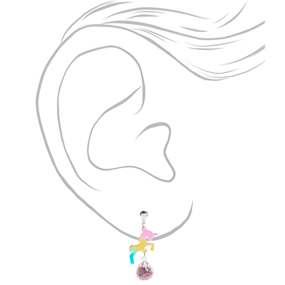 1" Rainbow Unicorn Clip-On Drop Earrings,