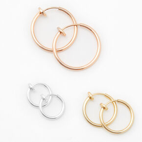 Mixed Metal Clip On Hoop Earrings - 10MM, 15MM, 20MM,