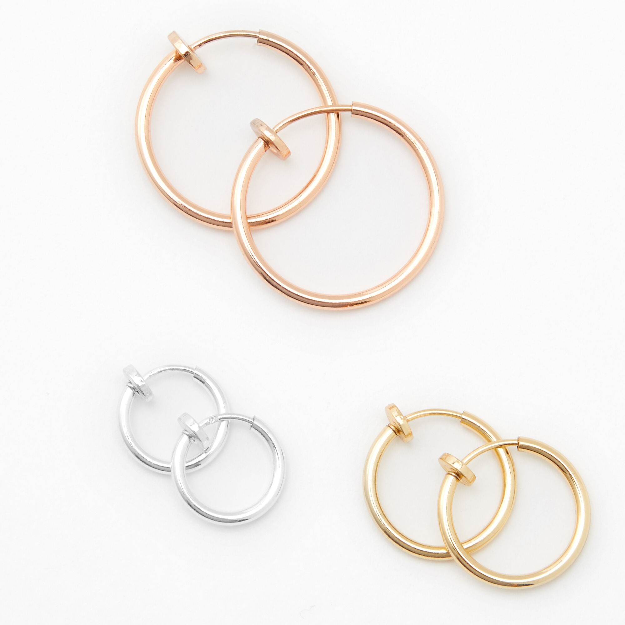 View Claires Mixed Metal Clip On Hoop Earrings 10MM 15MM 20MM Rose Gold information
