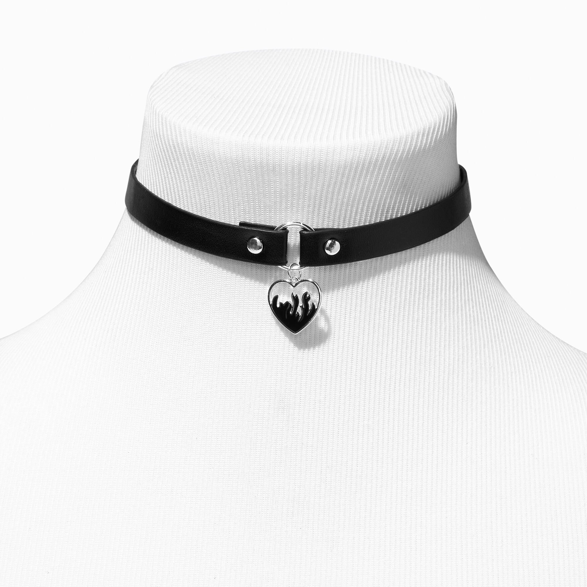 View Claires Flame Heart Choker Necklace Black information
