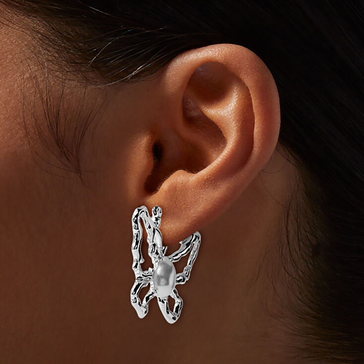 Silver-tone Pearl Butterfly Hoop Earrings ,