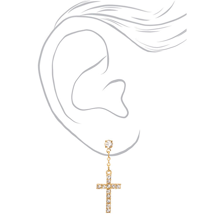 Gold 1&quot; Embellished Cross Drop Earrings,