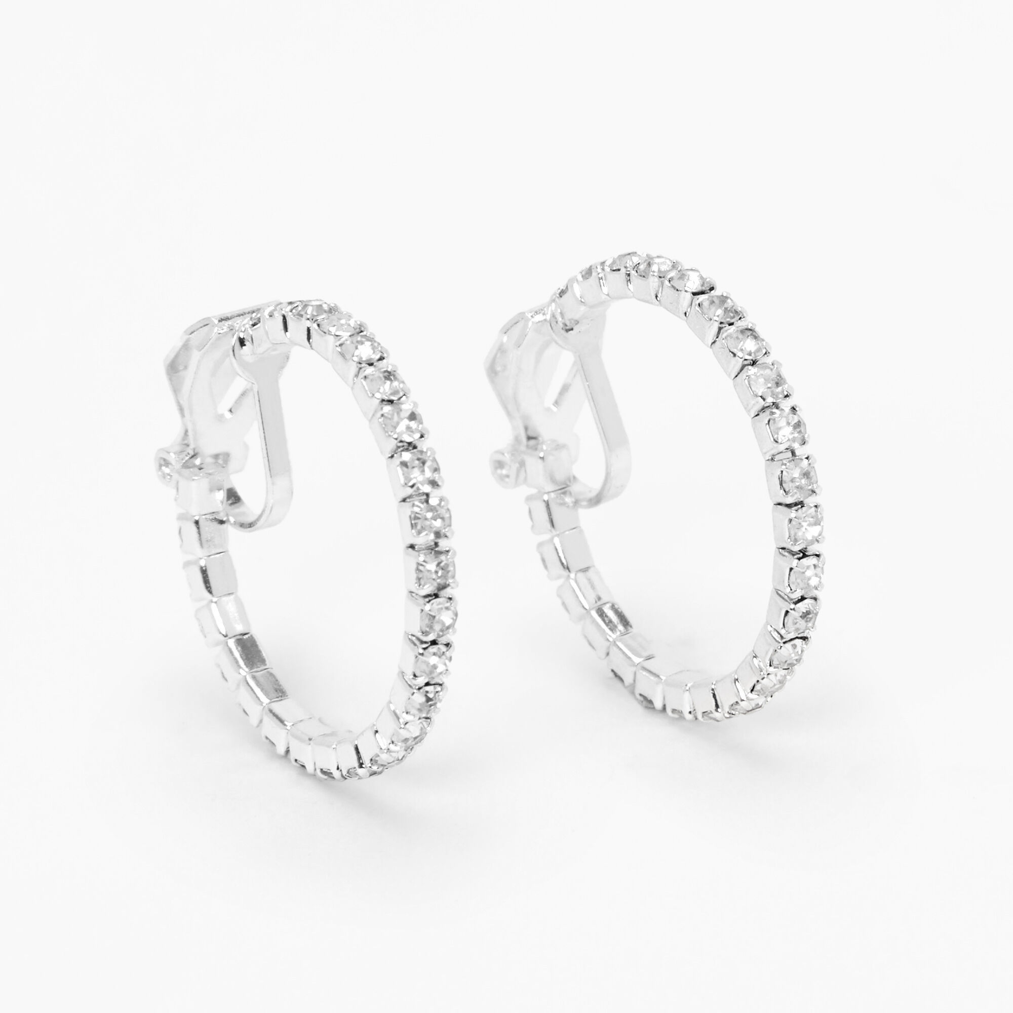 Silver 20MM Crystal Clip On Hoop Earrings Claire s US