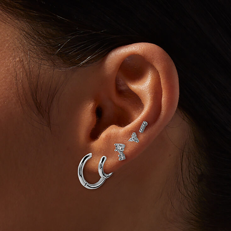 Silver-tone Cubic Zirconia Stud &amp; Clicker Hoop Earring Stackables Set - 6 Pack,