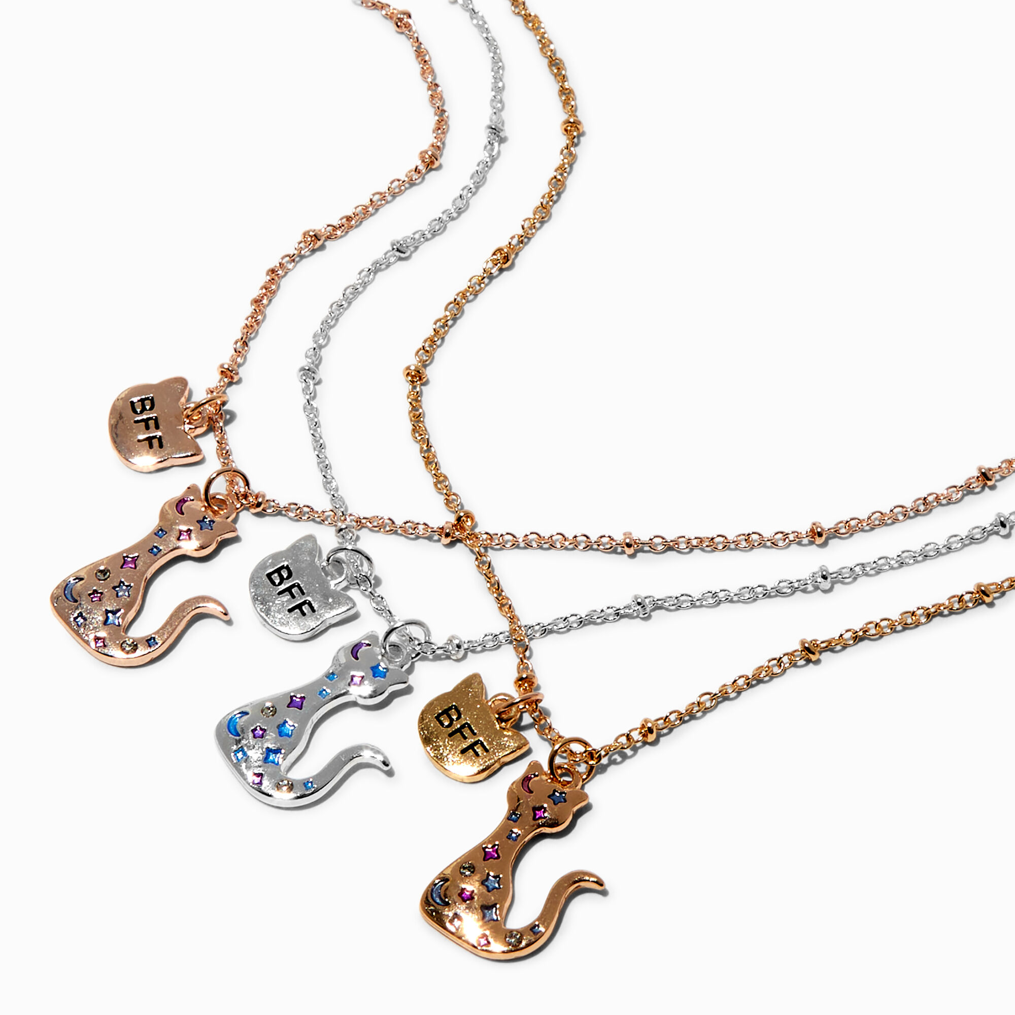 View Claires Best Friends Mixed Metal Celestial Cat Pendant Necklaces 3 Pack Rose Gold information