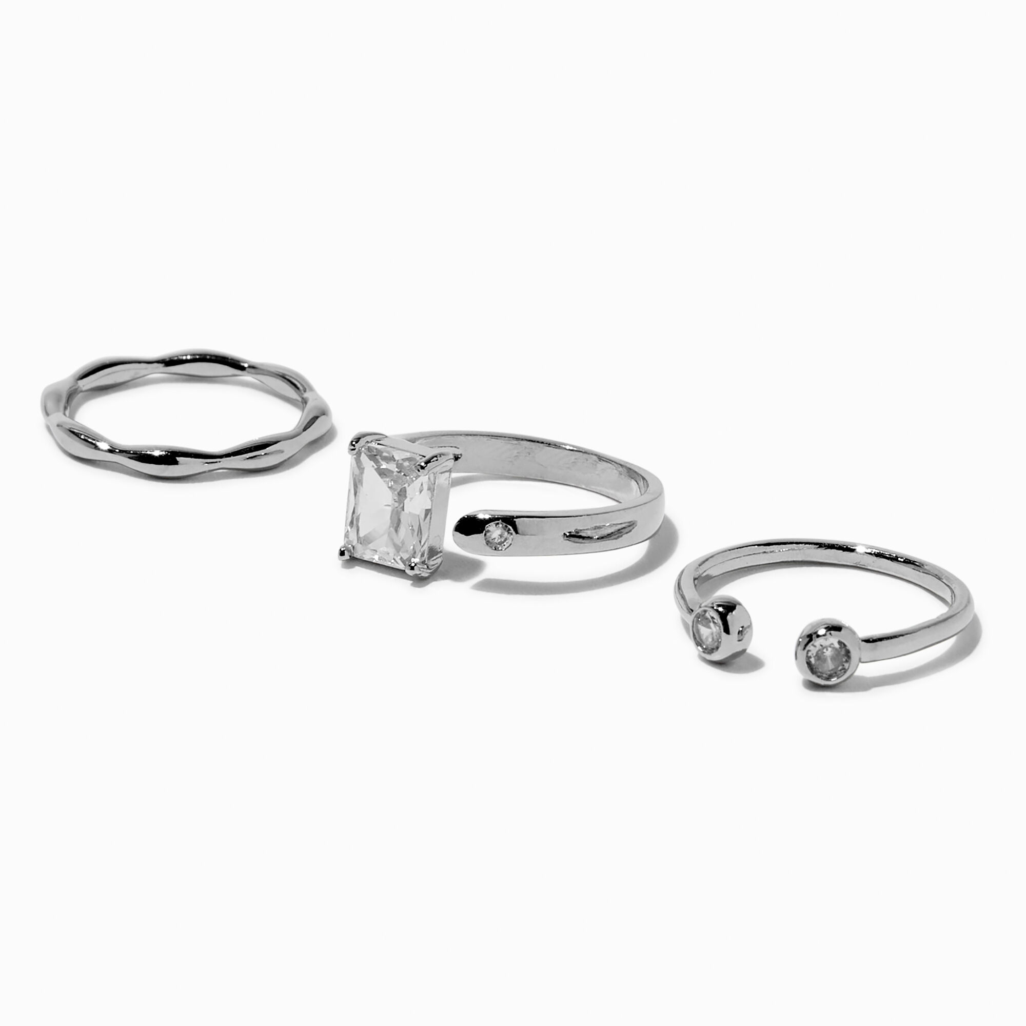 View Claires Tone Cubic Zirconia OpenFront Ring Set 3 Pack Silver information