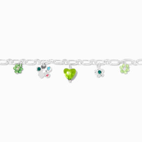 Green Flower &amp; Heart Silver-tone Charm Bracelet,