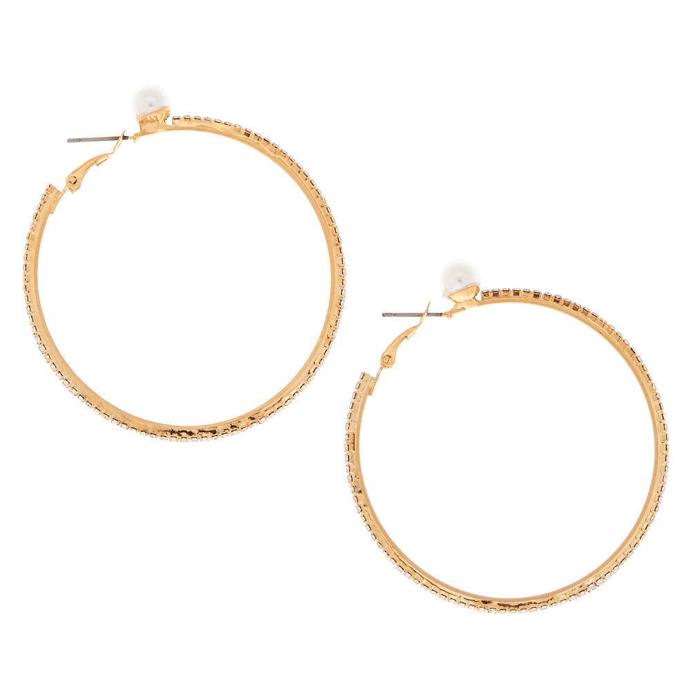 Gold 50MM Pearl & Glass Rhinestone Hoop Earrings,
