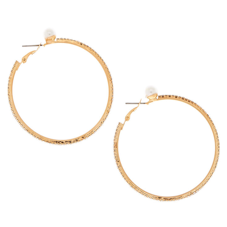 Gold 50MM Pearl &amp; Glass Rhinestone Hoop Earrings,
