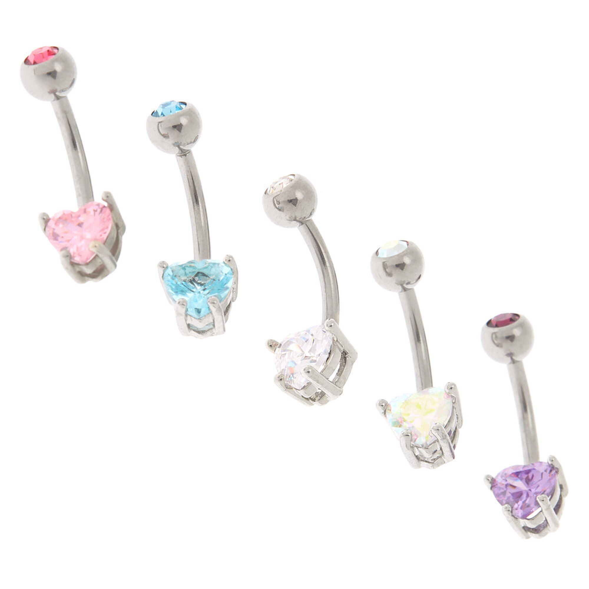 View Claires Pastel Heart Stone 14G Belly Rings 5 Pack Silver information