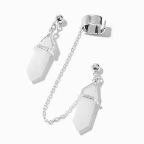 White Mystical Gem Silver-tone Cuff Connector Drop Earrings,
