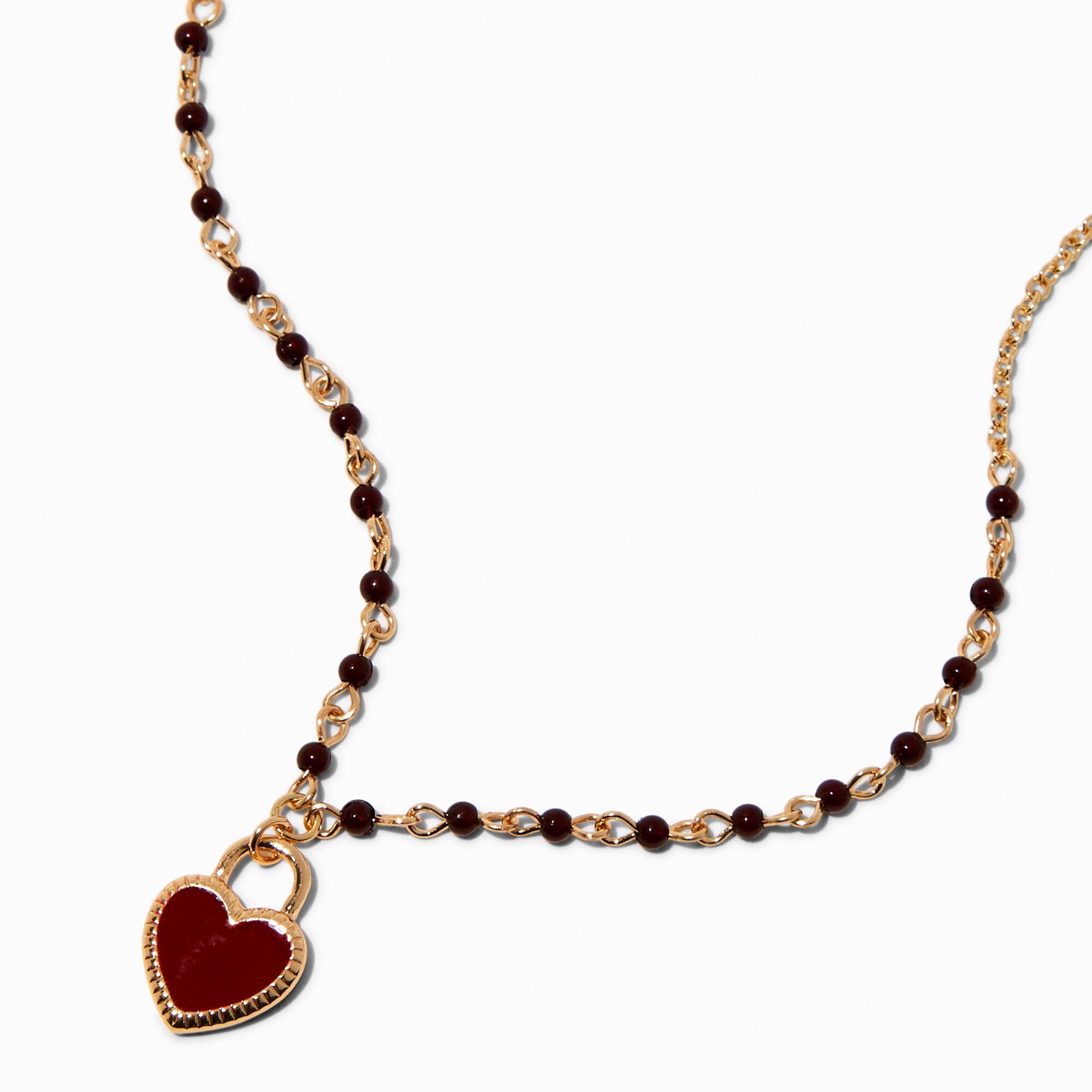 Collier à pendentif chaîne perle d'imitation noir cœur bordeaux,