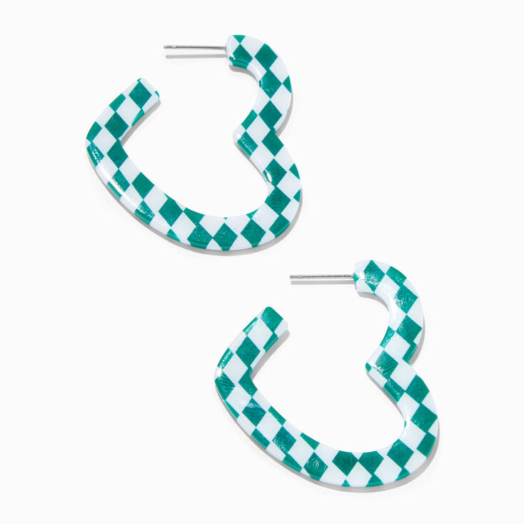 Green Checkered 40MM Heart Cutout Hoop Earrings,