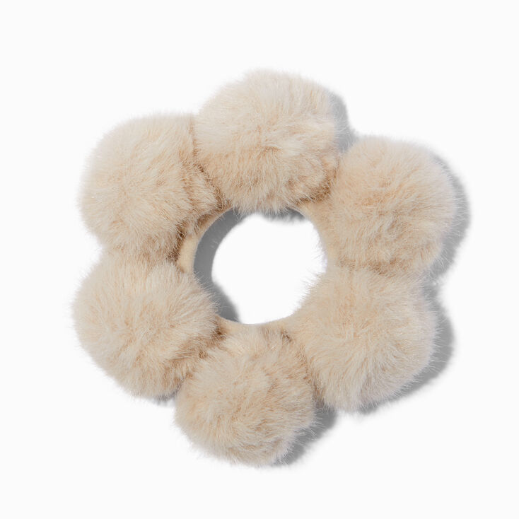 Tan Furry Pom Pom Hair Scrunchie,