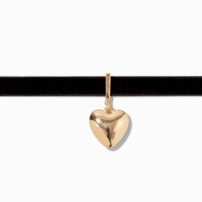 Gold-tone Puffy Heart Black Velvet Choker Necklace,