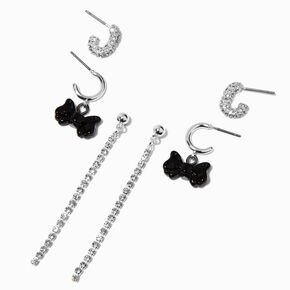 Silver-tone Black Bow Cup Chain Earring Stackables Set - 3 Pack,