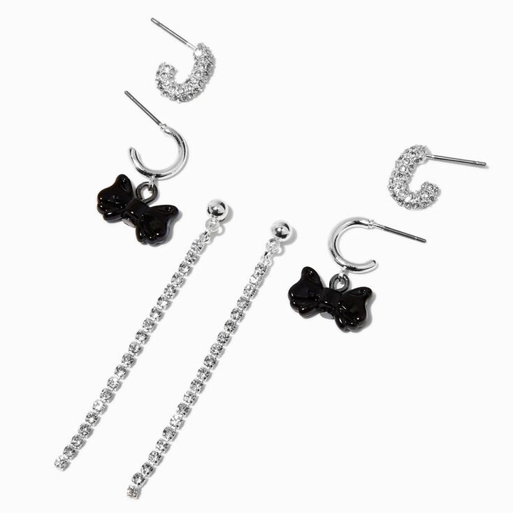Silver-tone Black Bow Cup Chain Earring Stackables Set - 3 Pack,
