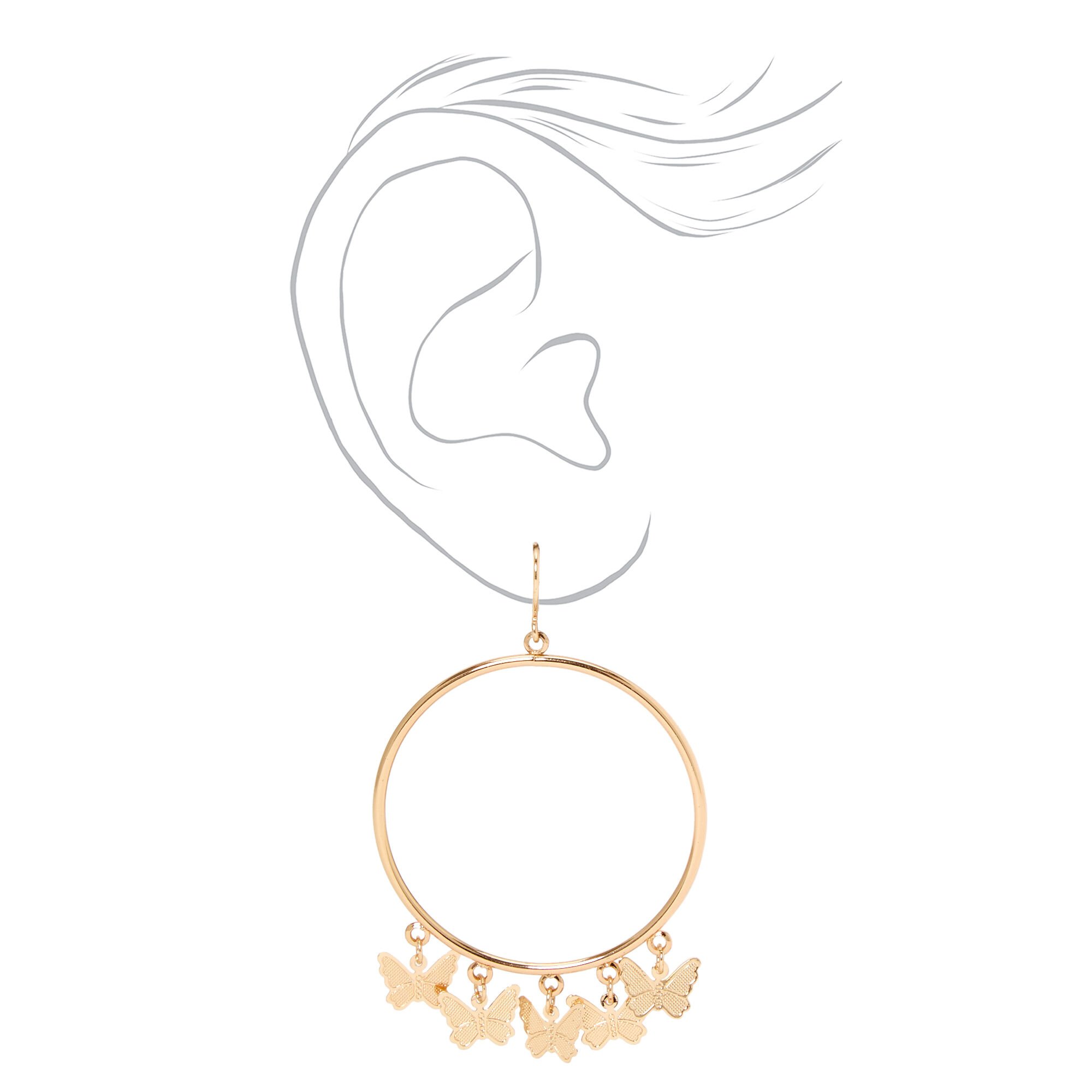 Gold 2" Butterfly Charm Hoop Earrings,