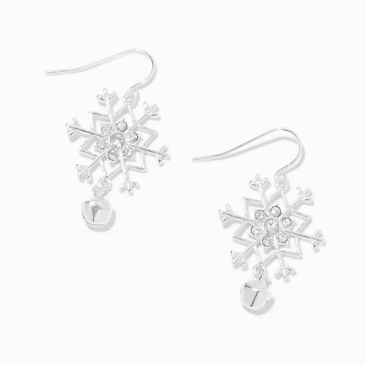 Silver Sparkle Snowflake Jingle Bell 1&quot; Drop Earrings,