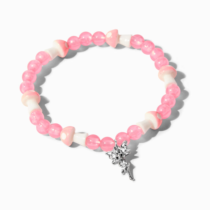 Silver Fairy Pink Mushroom Beaded Stretch Bracelet,