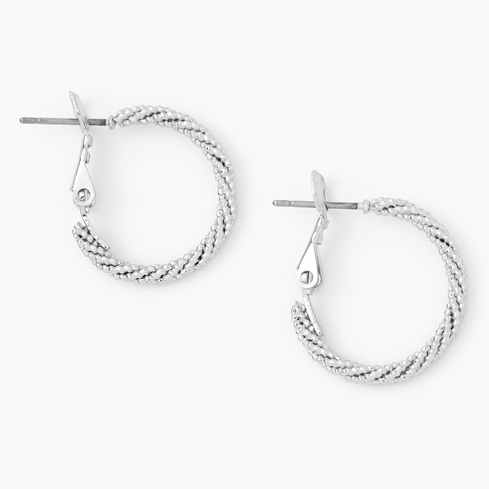 View Claires 20MM Laser Cut Twisted Hoop Earrings Silver information