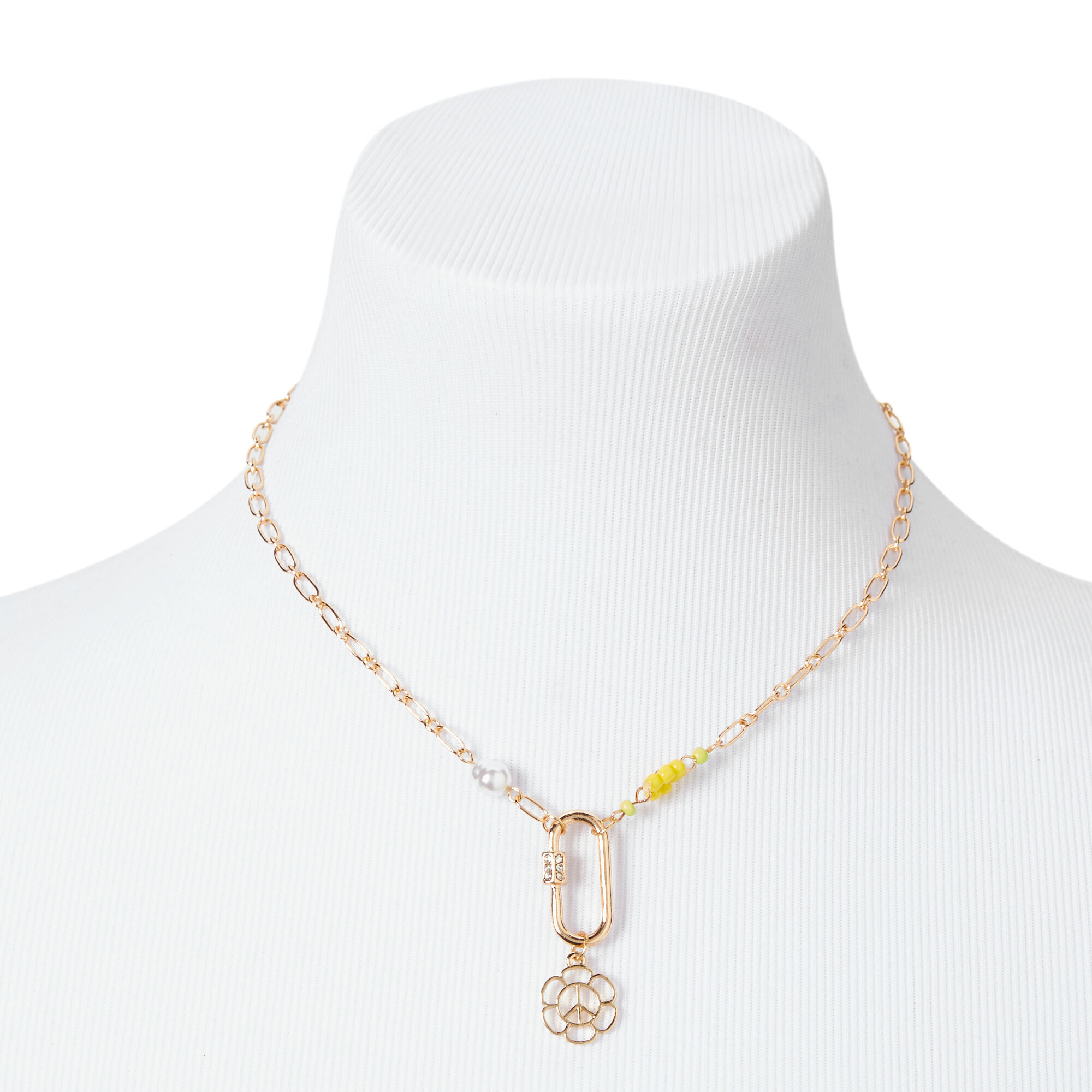 Gold Daisy Peace Sign Carabiner Pendant Necklace,