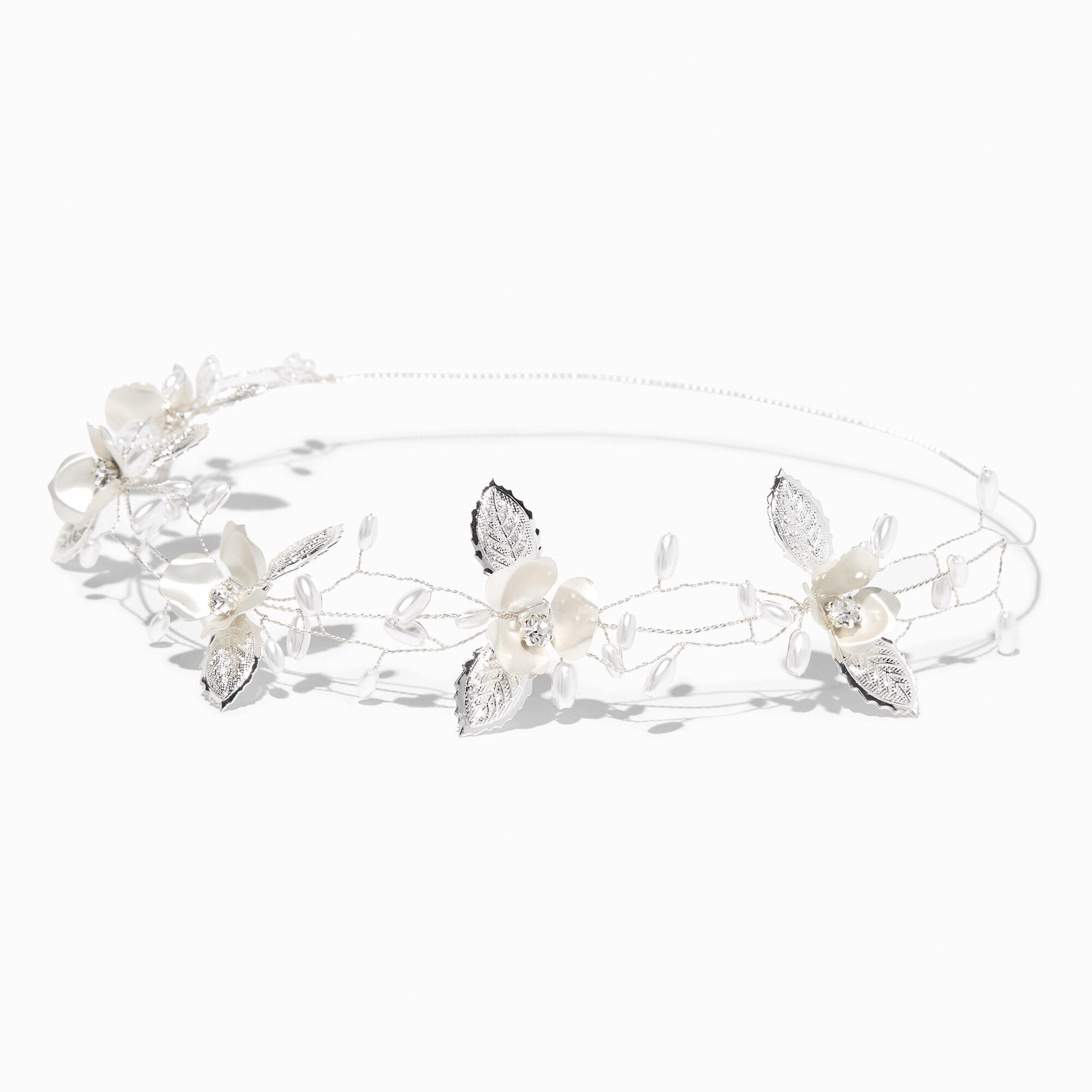 View Claires Embellished Matte Tone Pearl Flower Crown Silver information