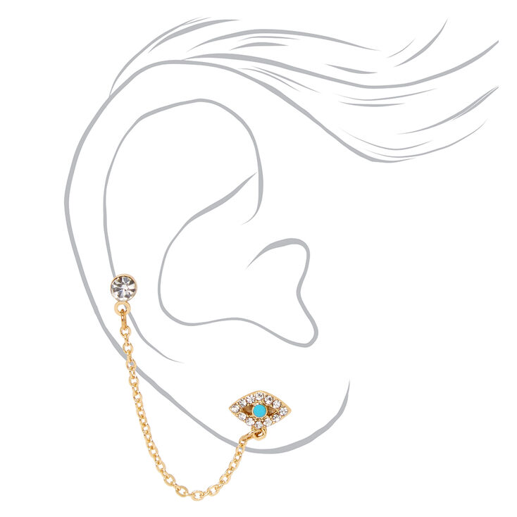 Gold Evil Eye Connector Chain Stud Earrings - Turquoise,