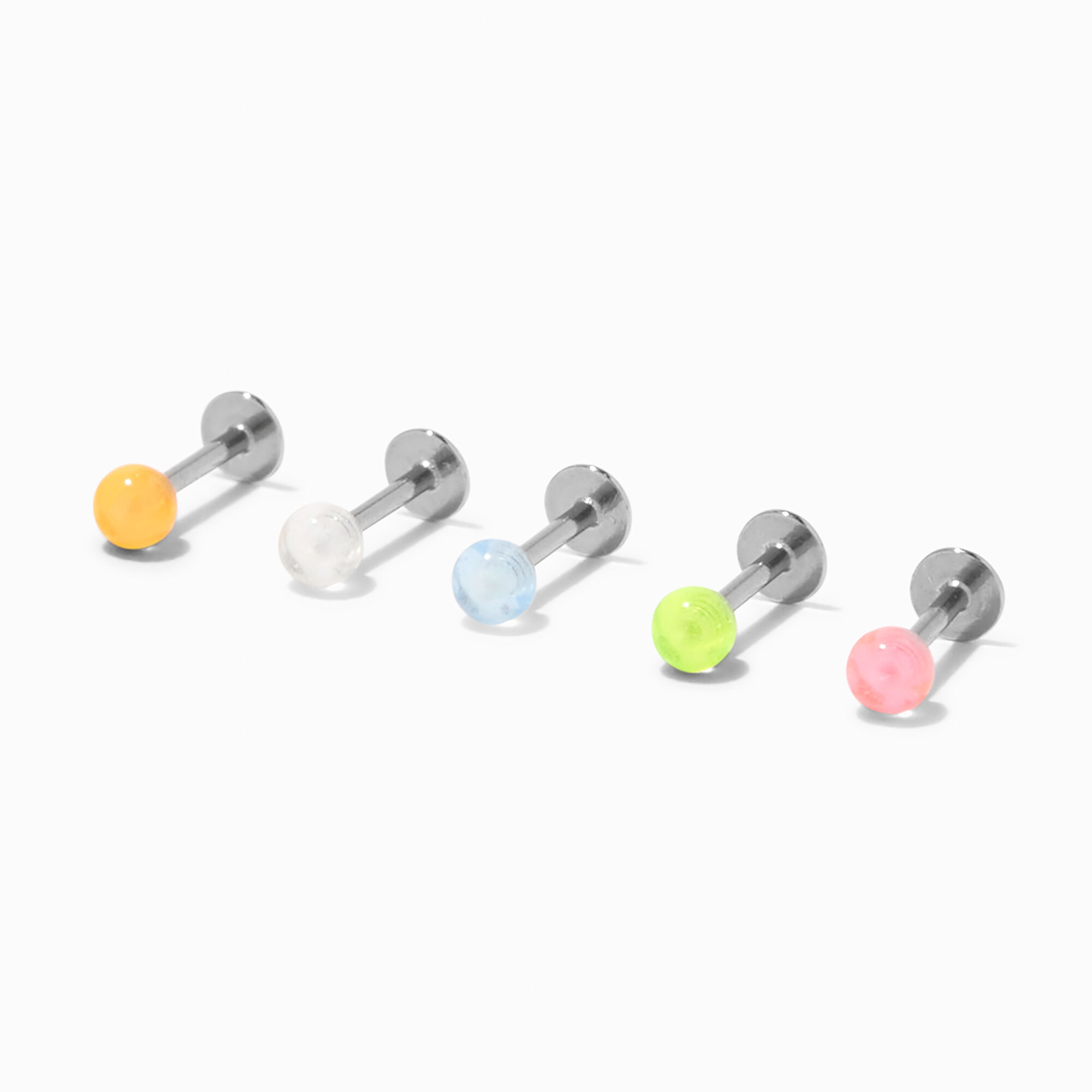 View Claires Glow In The Dark Ball 16G Tragus Flatback Stud Earring 5 Pack Silver information