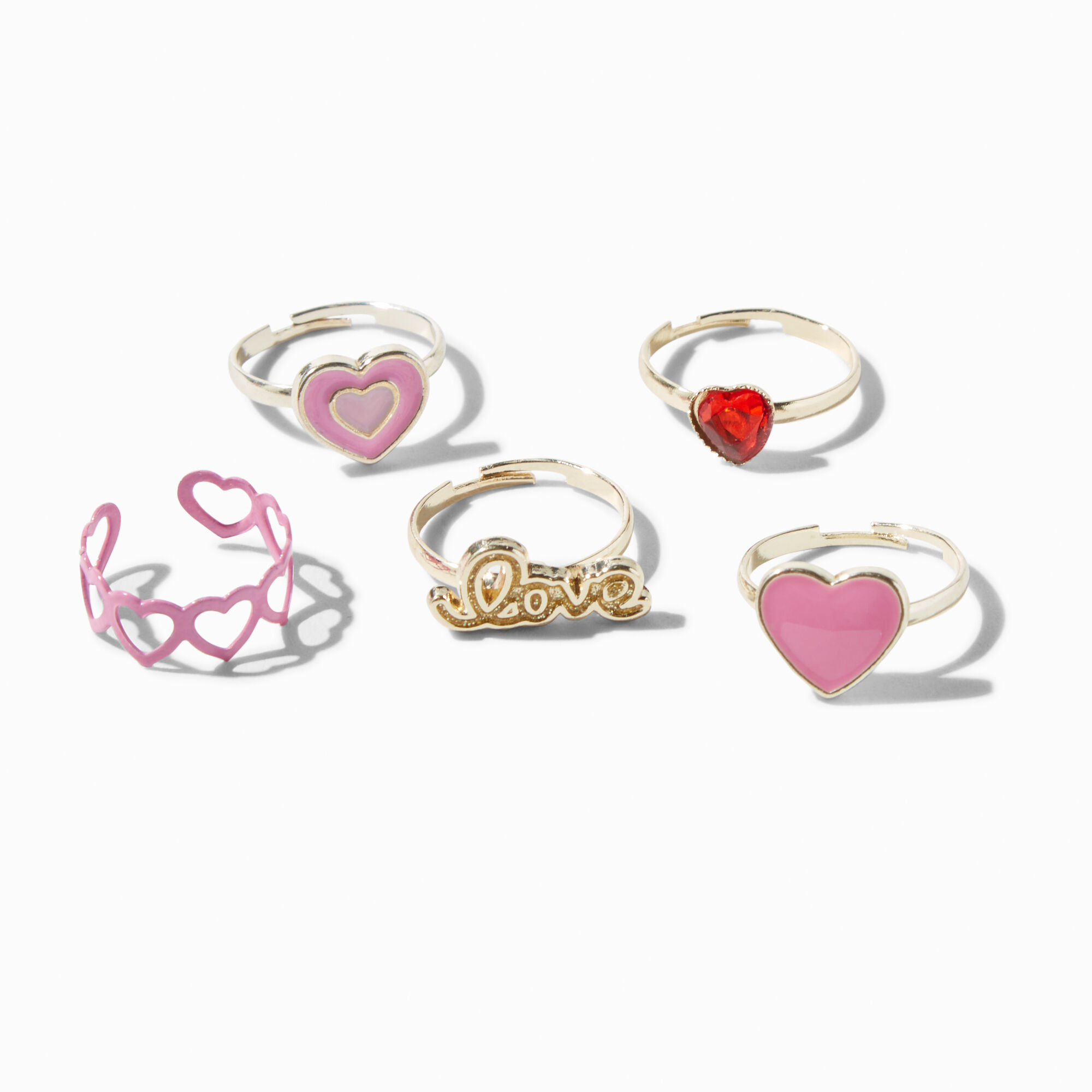 View Claires Club Love Hearts Box Rings 5 Pack Silver information