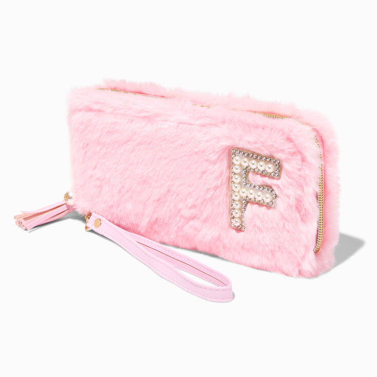 Pink Furry Pearl Initial Wristlet Wallet - F,