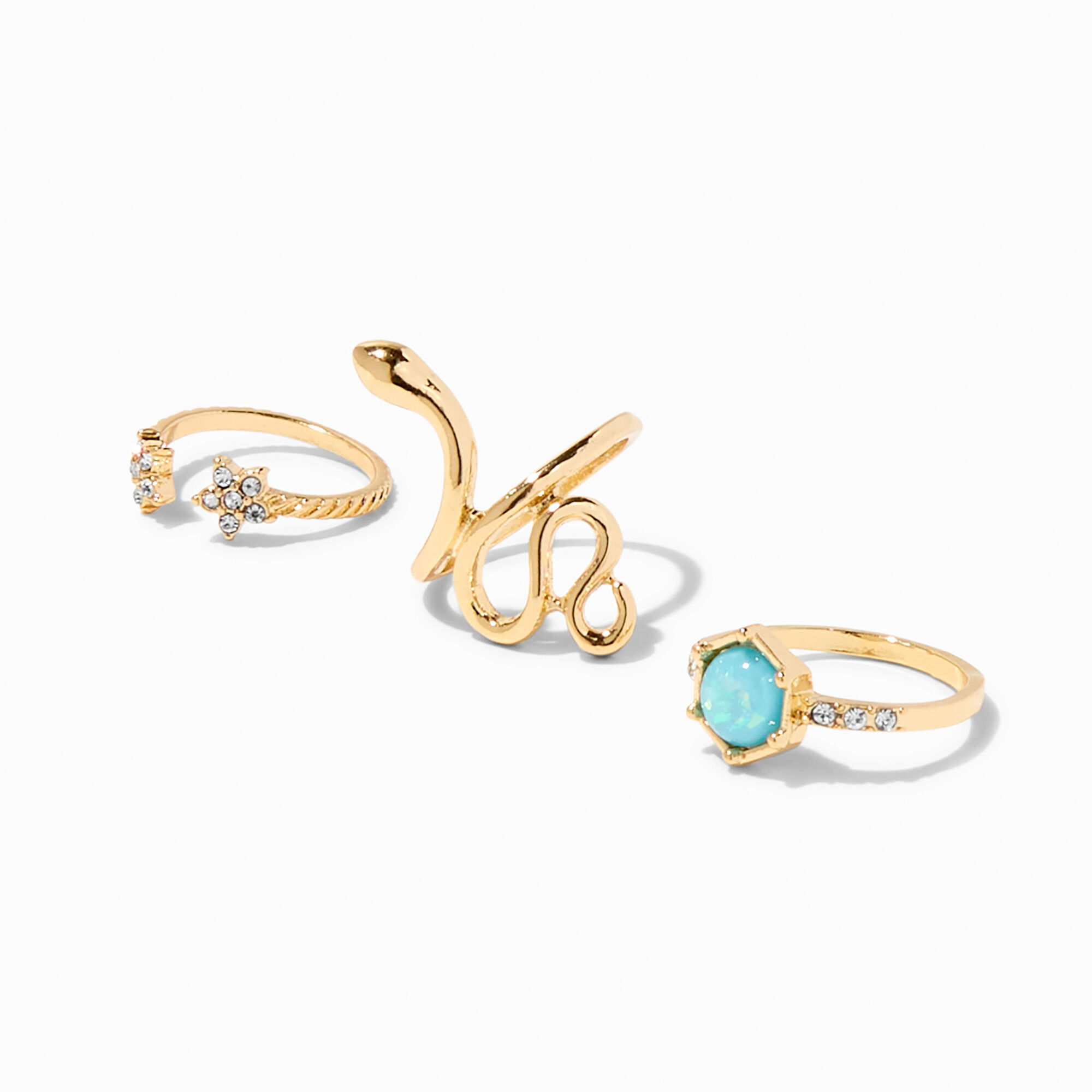 View Claires Snake Stone Ring Set 3 Pack Gold information