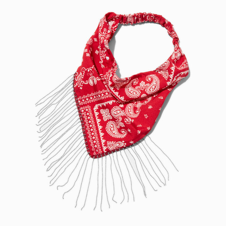 Red Bandana Chain Fringe Head Scarf,