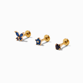 Gold-tone Stainless Steel 16G Blue Butterfly &amp; Flower Cartilage Earrings - 3 Pack,
