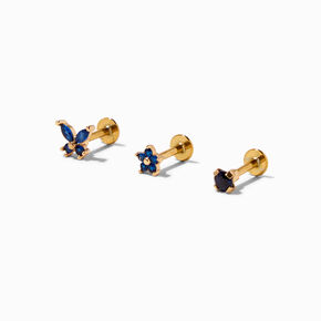 Boucles d&#39;oreilles pour piercing au cartilage papillon et fleur 1,2&nbsp;mm couleur dor&eacute;e - Lot de 3,