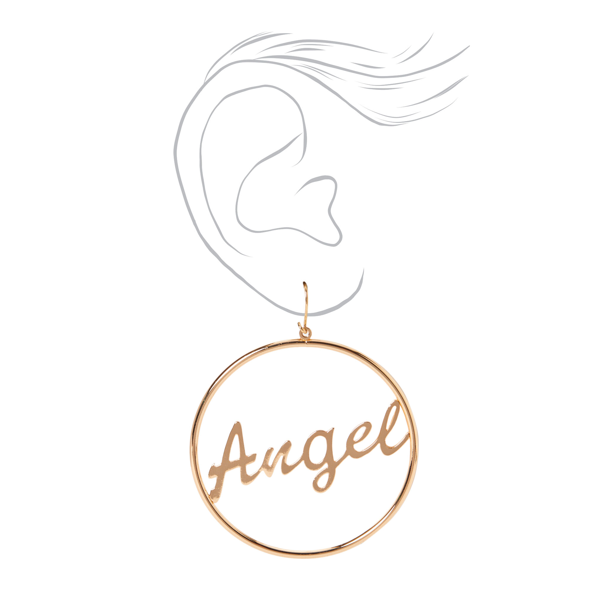 Gold 2" Angel Script Circle Drop Earrings,