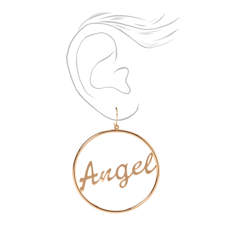 Gold 2&quot; Angel Script Circle Drop Earrings,