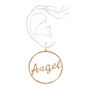 Gold 2&quot; Angel Script Circle Drop Earrings,