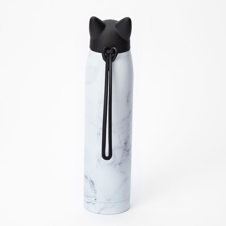 Cat Ears Marble Print Metal Water Bottle - White,