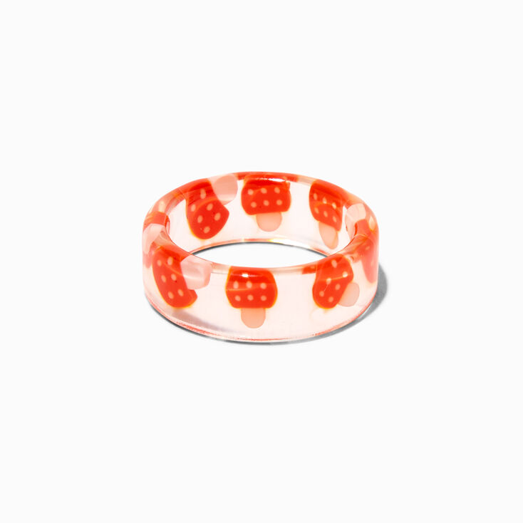 Clear Red Mushroom Print Resin Ring,