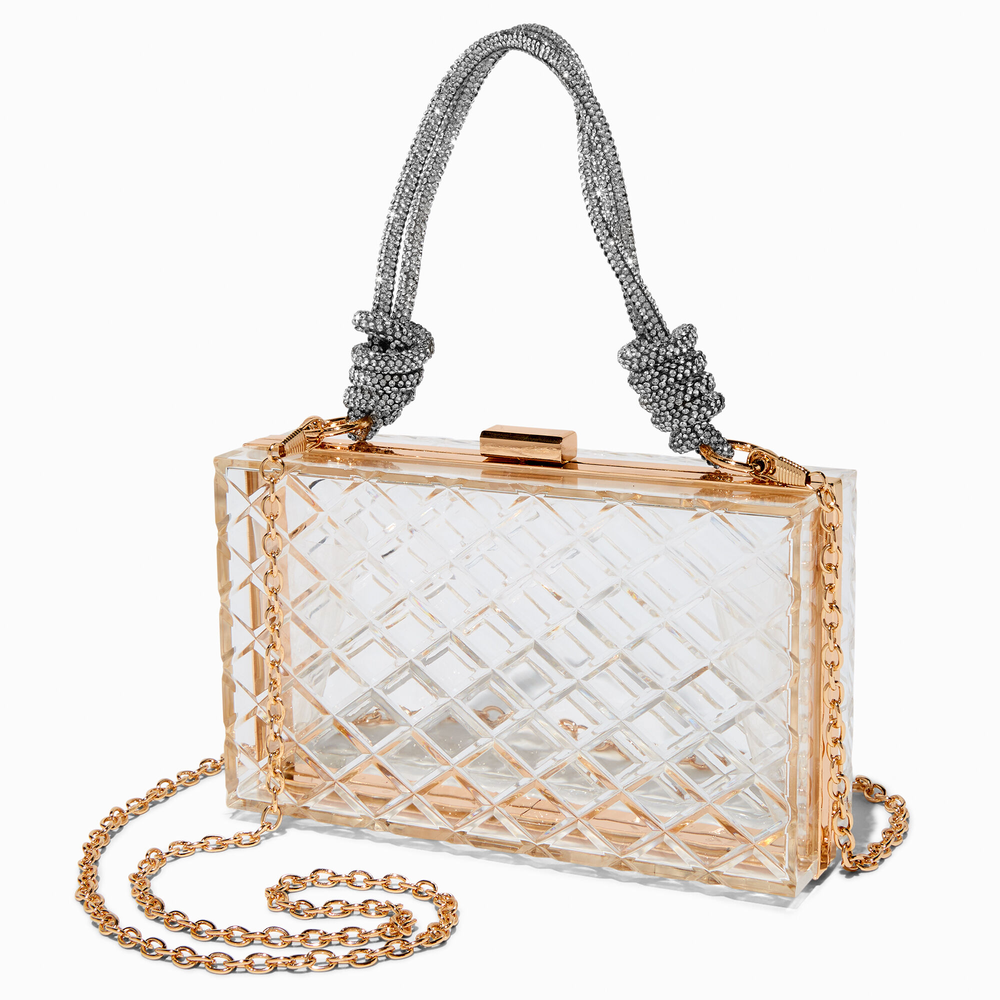 View Claires Faceted Clear Crossbody Bag With Crystal Rope Handle Gold information