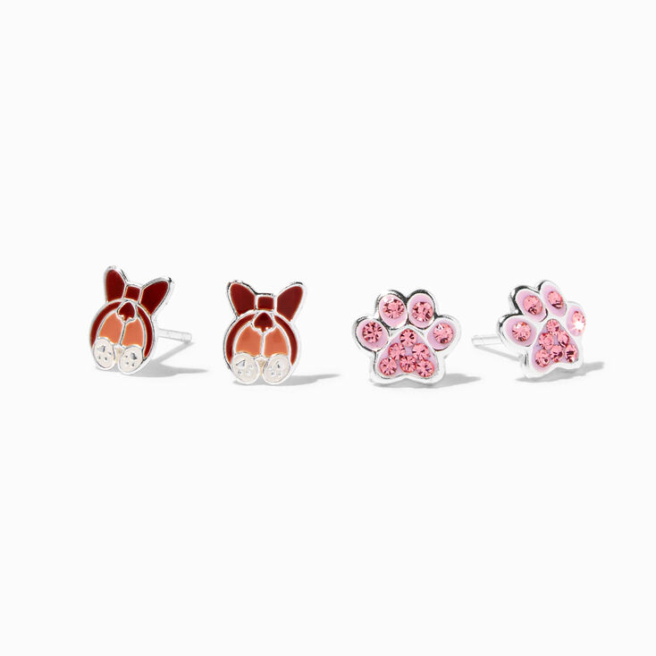 Sterling Silver Corgi Butt &amp; Paw Stud Earrings - 2 Pack,