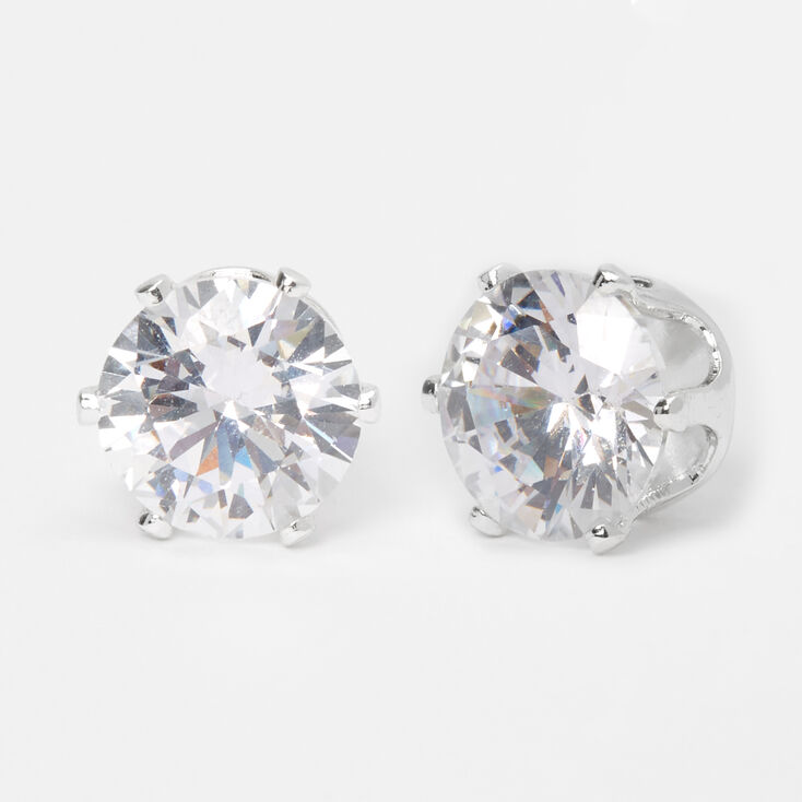 Silver Cubic Zirconia Round Magnetic Stud Earrings - 8MM,