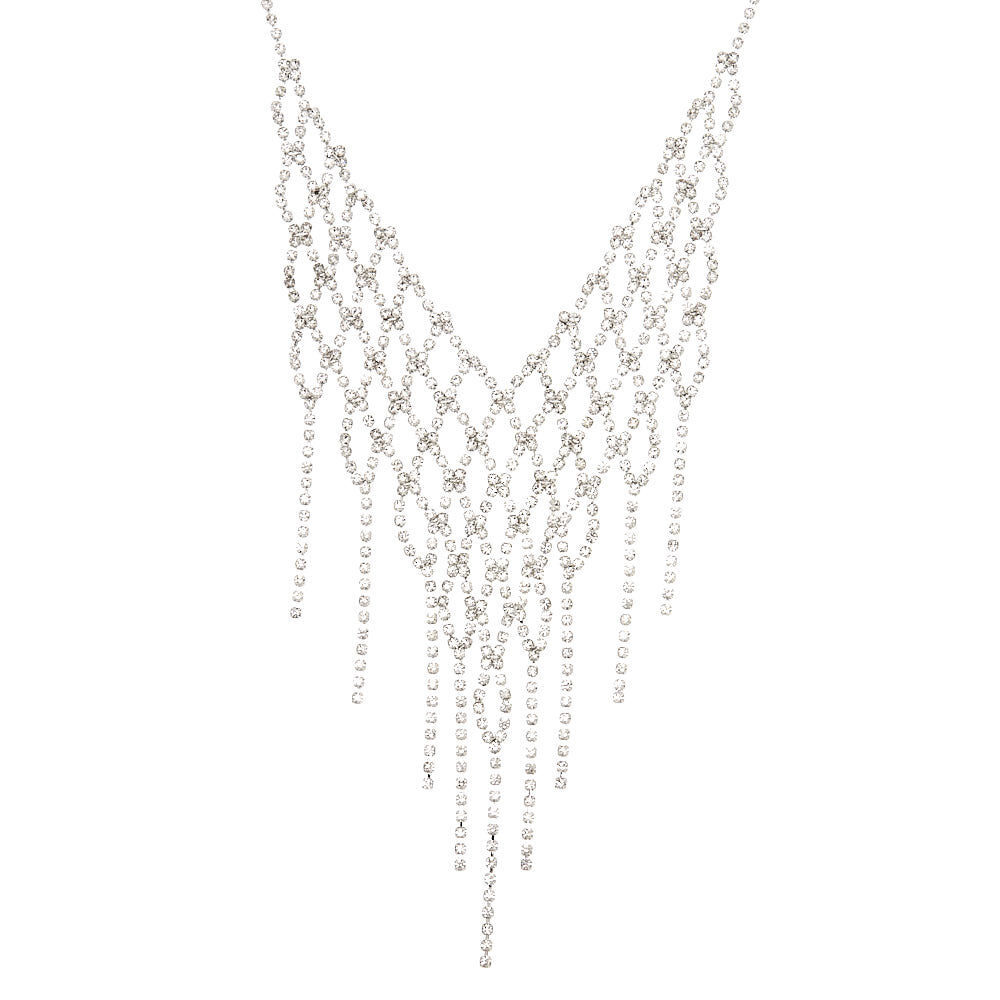 Silver Rhinestone Crochet Fringe Statement Necklace Claire s